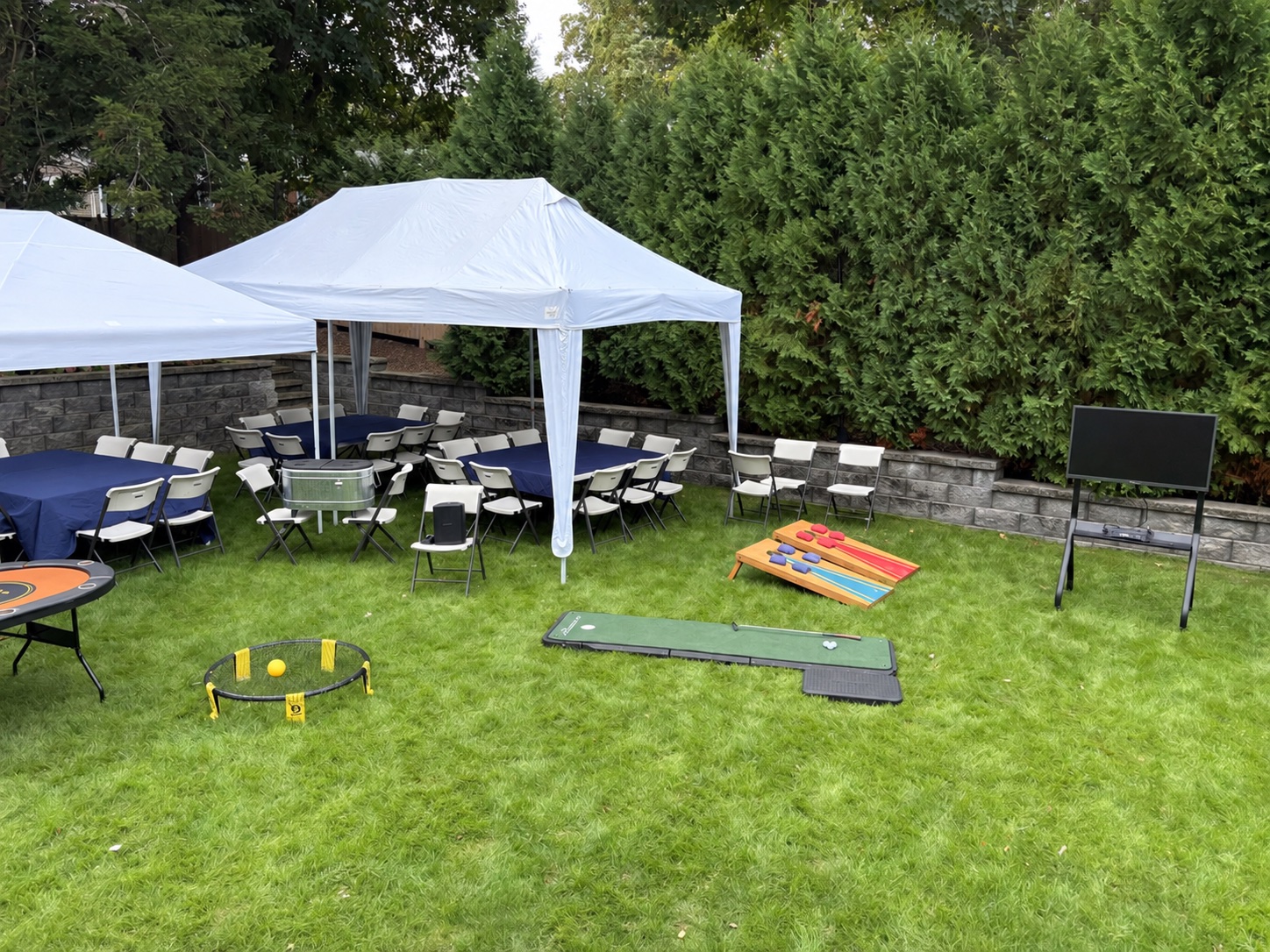 Tents and optional backyard games from the side