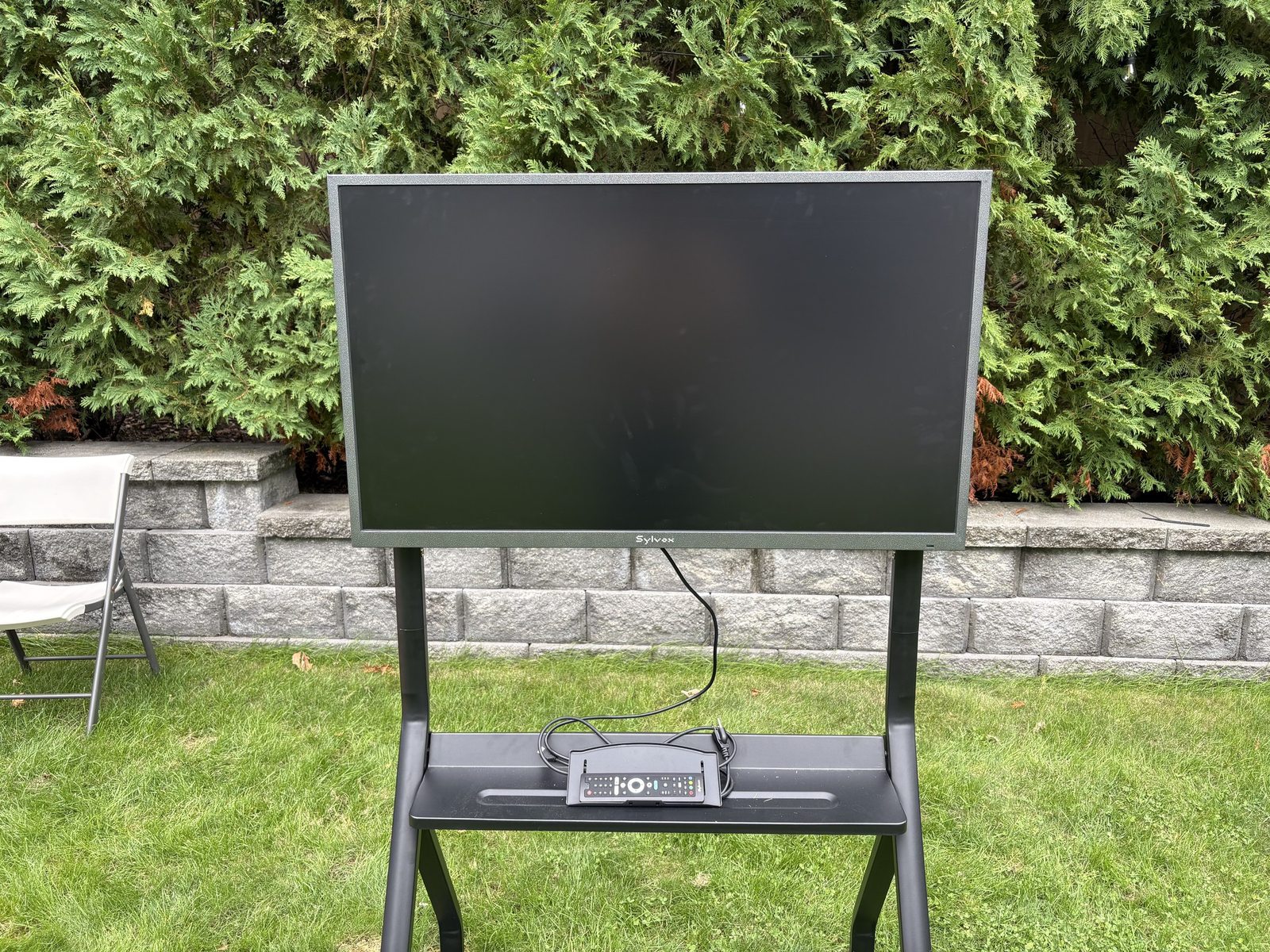 Bongo TV mounted on its rolling stand
